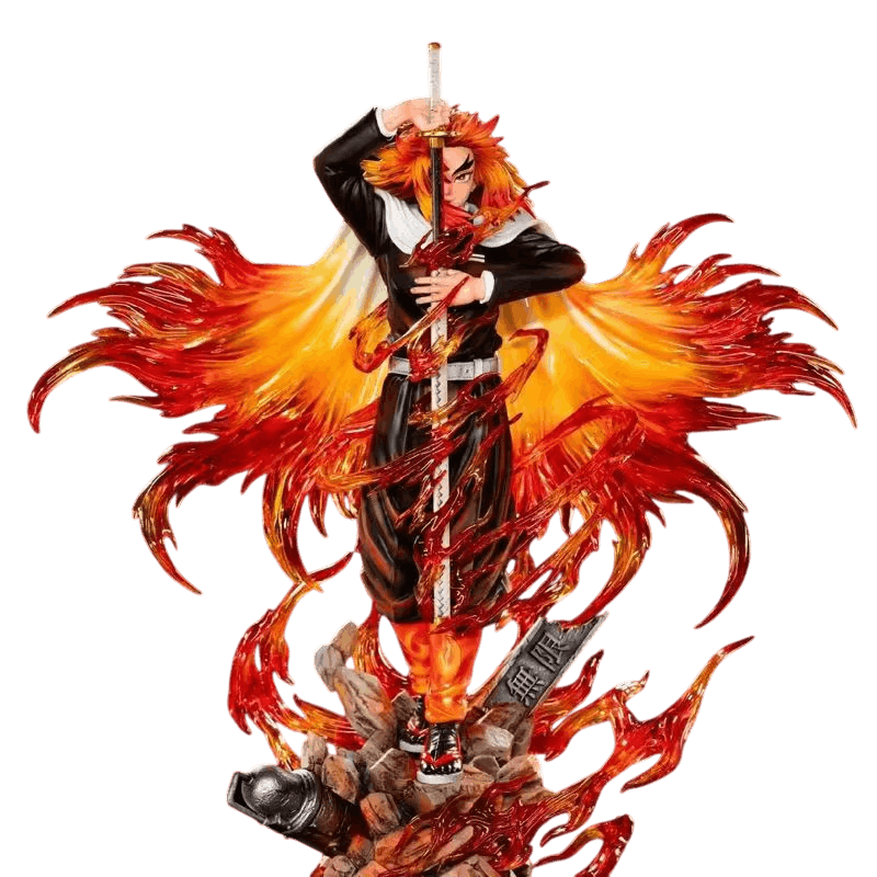 Figurine Demon Slayer Rengoku Kyojuro 30 cm vue de face, katana dressé et flammes translucides