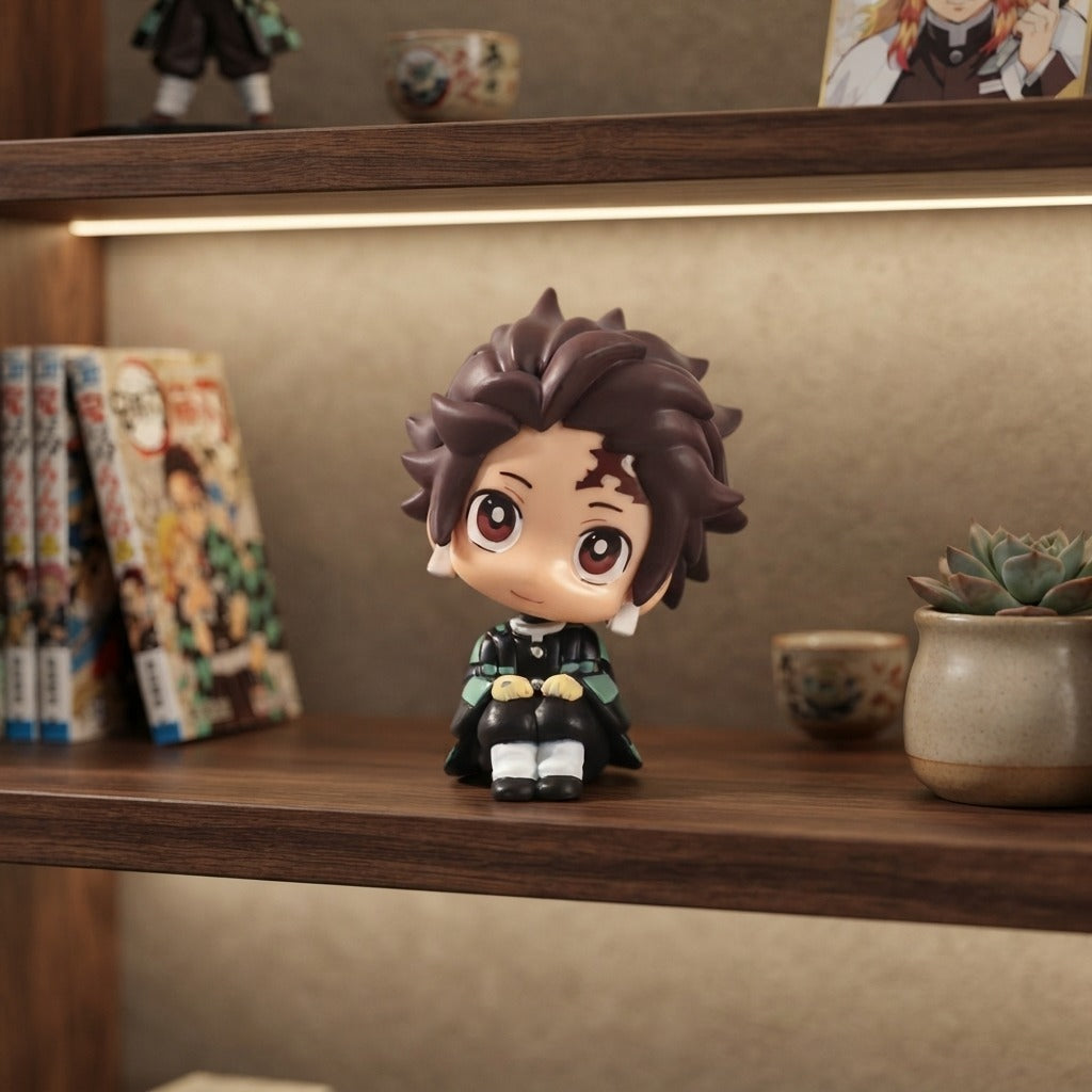 Figurine chibi Tanjiro Kamado assis, exposée sur une étagère (décor non inclus)