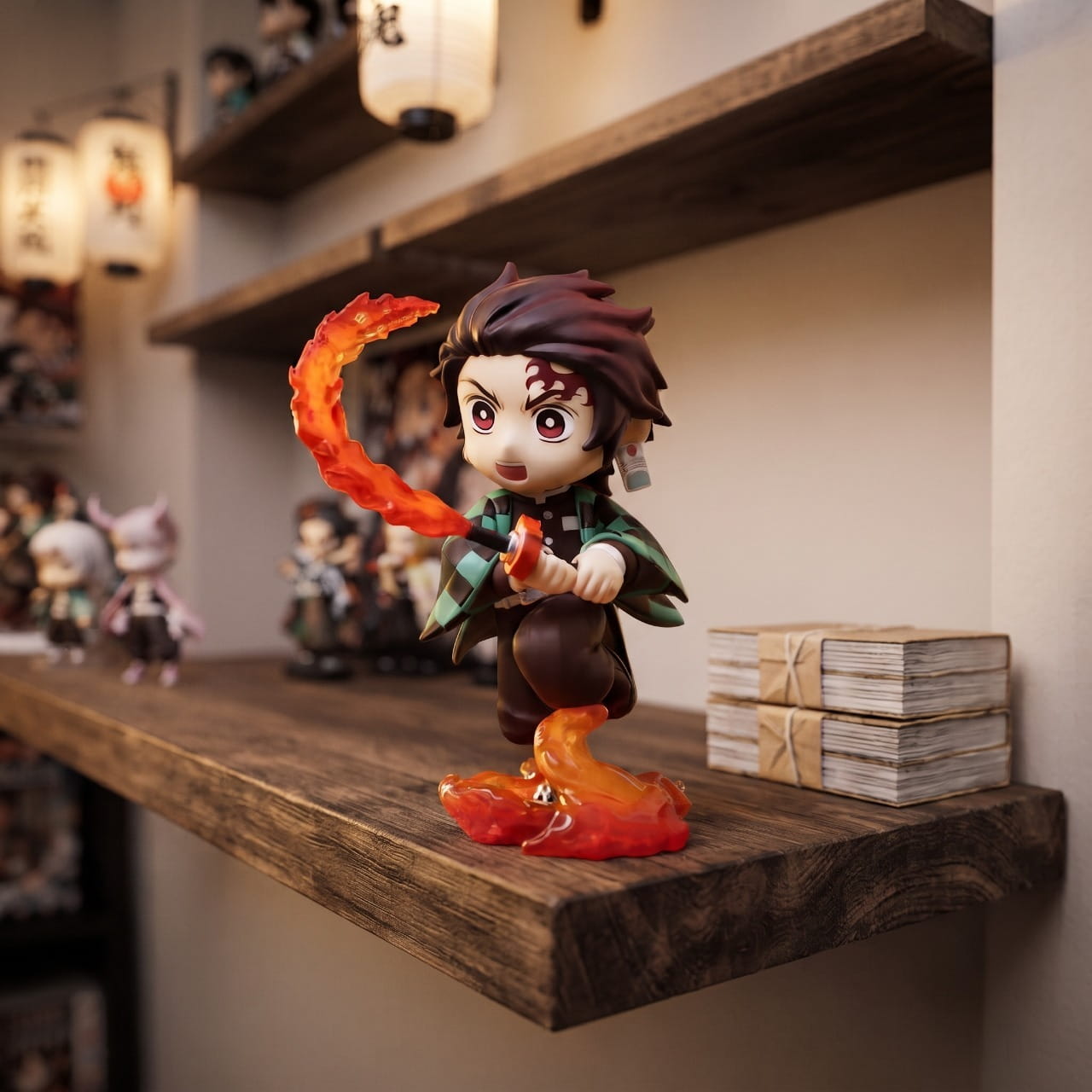 Figurine chibi Tanjiro Kamado — haori à carreaux verts et noirs — Demon Slayer, étagère (décor non inclus)