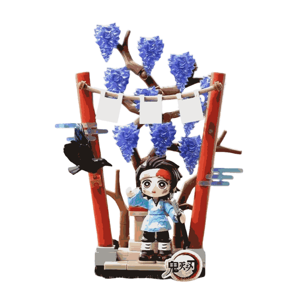 Figurine chibi Tanjiro Kamado vue de face — branches de glycines mauves, bandeau blanc — Demon Slayer, PVC peint