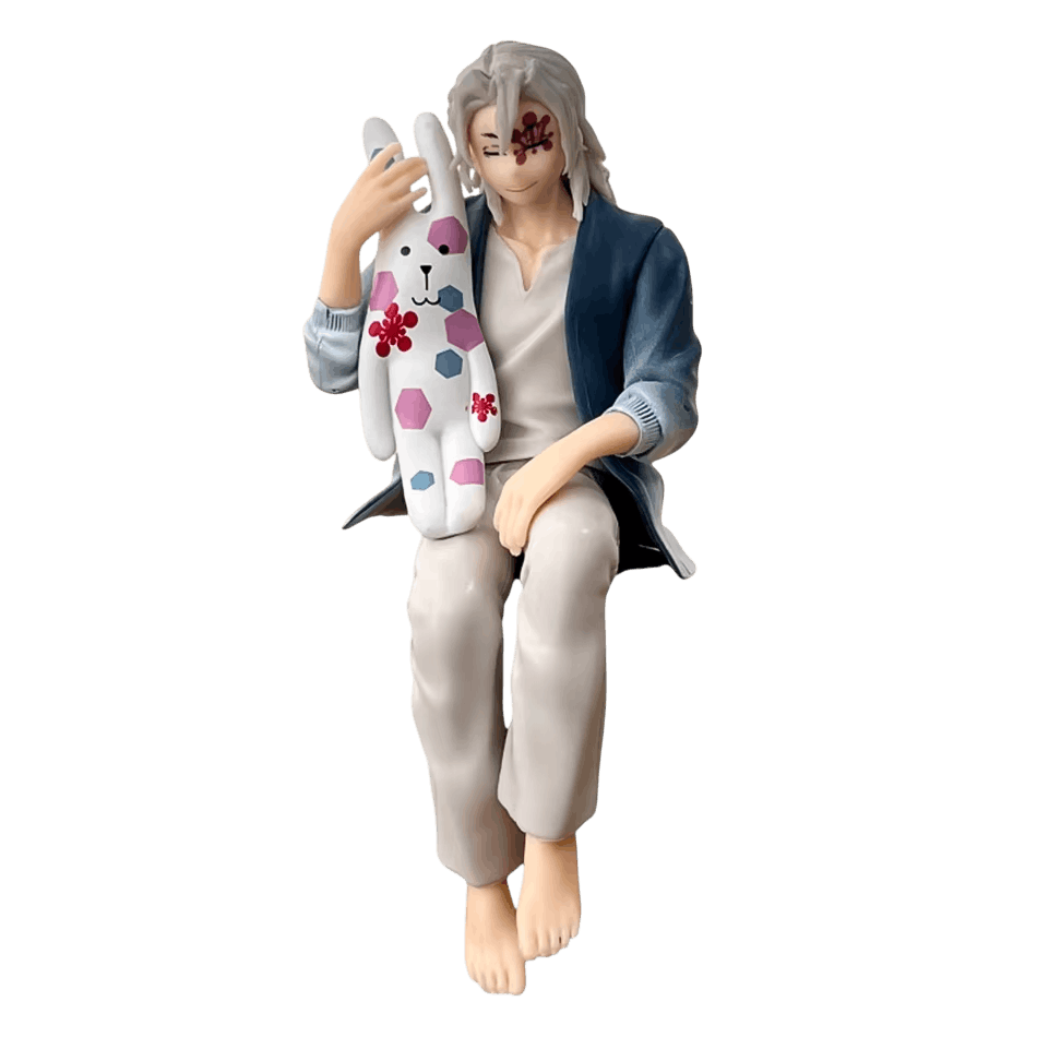 Figurine Demon Slayer Uzui Tengen assis serrant sa peluche lapin - face