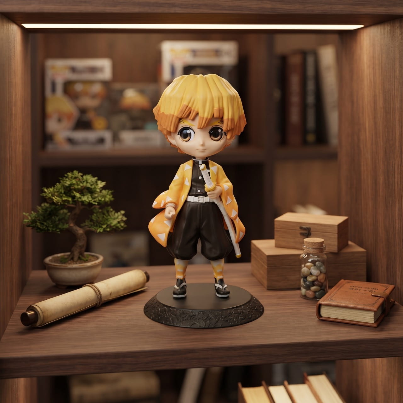 Figurine Zenitsu Agatsuma en haori jaune, exposée sur une étagère (décor non inclus)