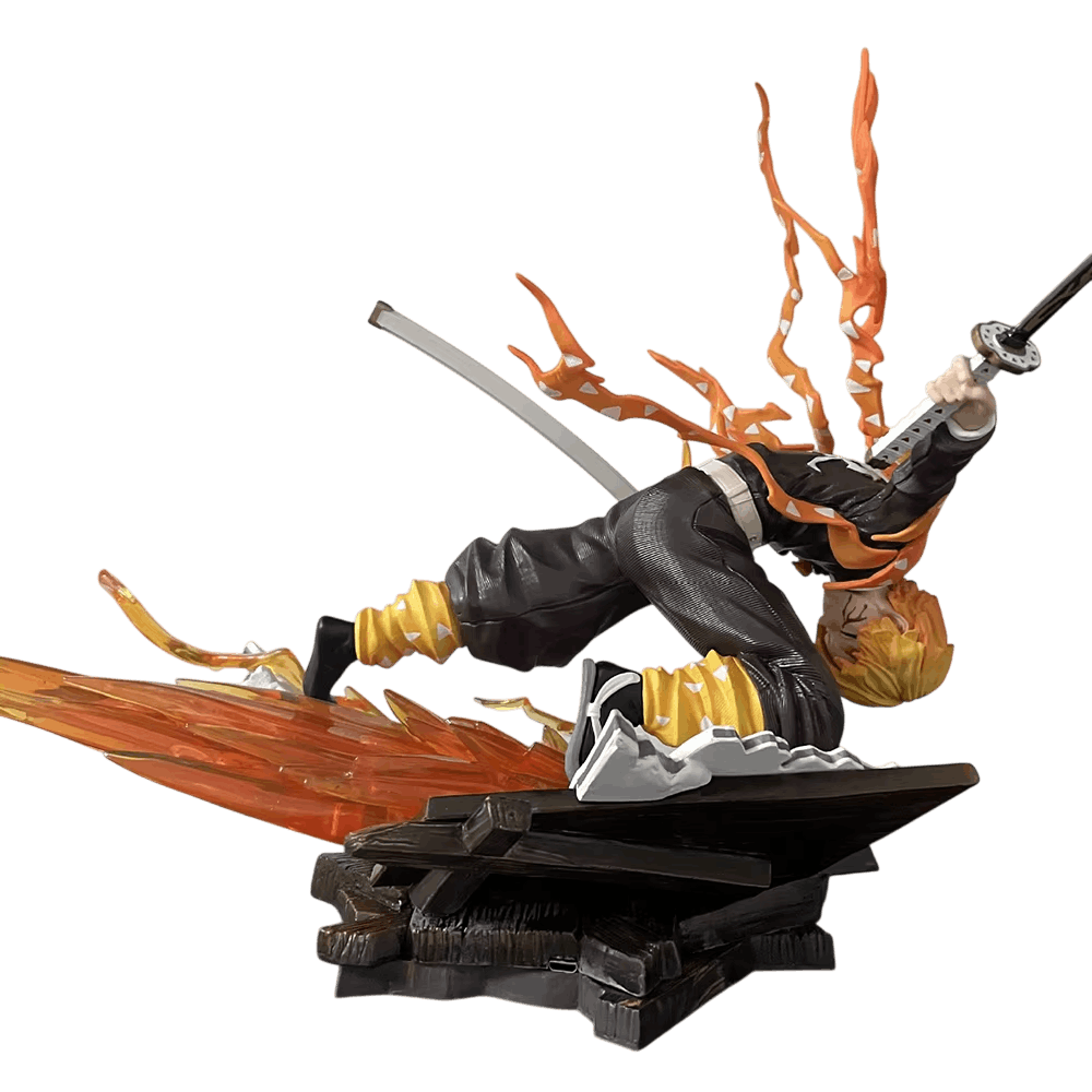 Demon Slayer Zenitsu figure 28 cm in profile: white and orange shards bursting from the base of dark planks