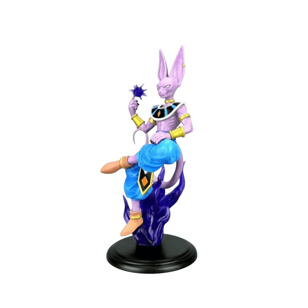 Figurine Beerus (Dragon Ball), 20 cm, museau, yeux fendus et oreilles effilées : le sculpt s'y juge — détourée, vue sans décor.