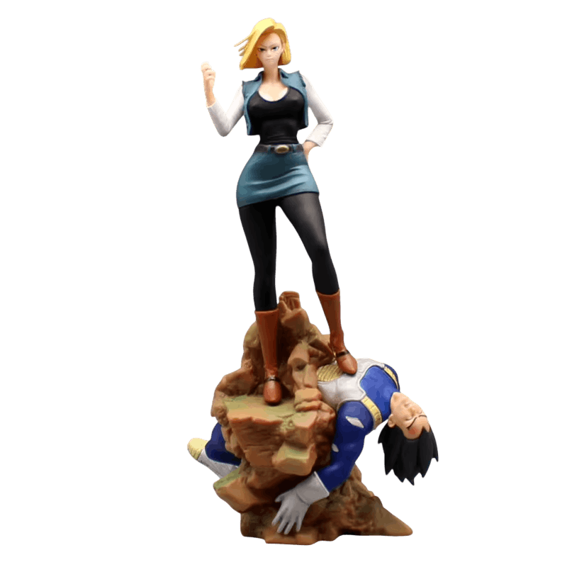 Dragon Ball C-18 and Vegeta figure 25 cm from the front: blond bob, blue-green denim waistcoat, matching skirt, black leggings and brown boots for C-18