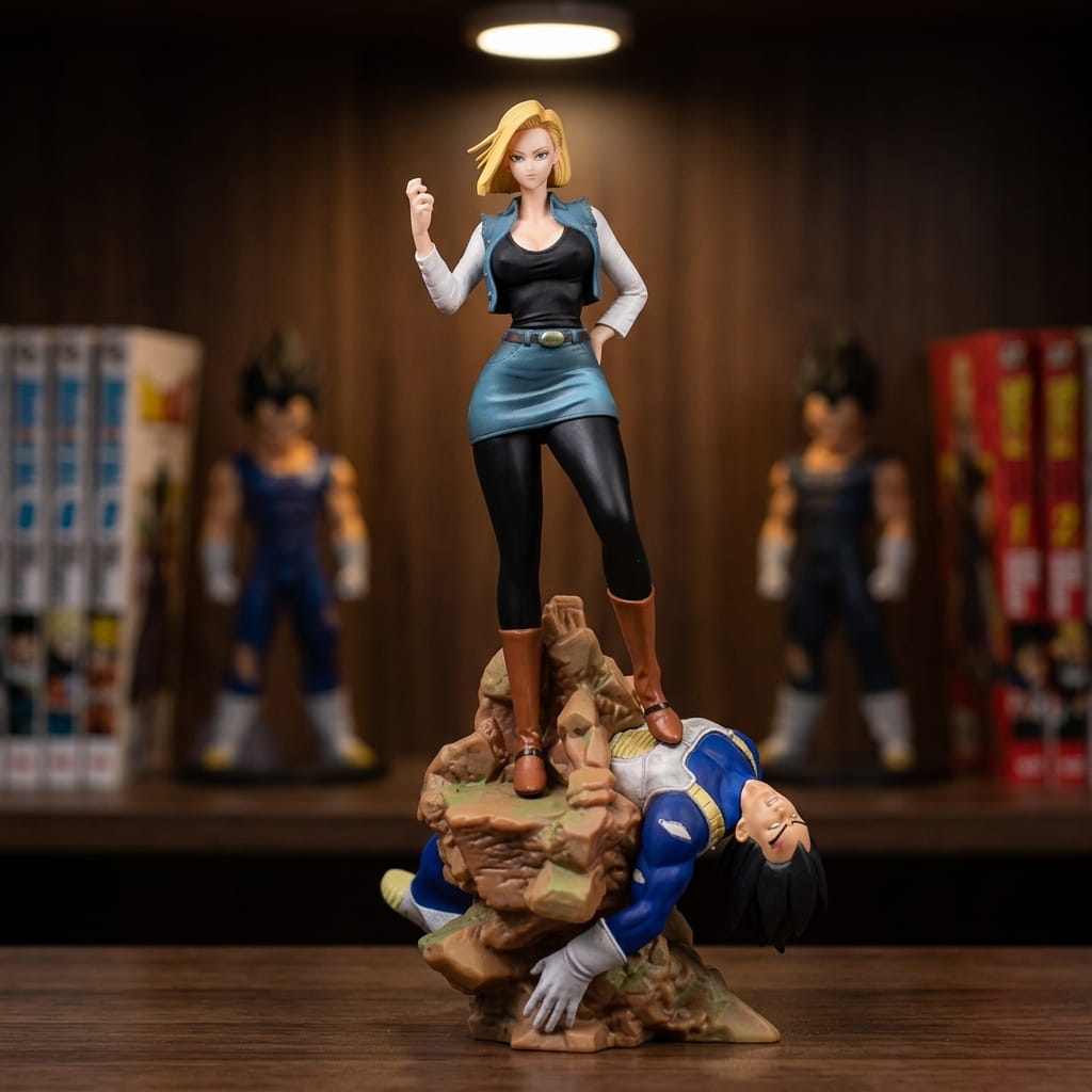 Dragon Ball figure 25 cm: C-18 standing on a rocky spur, fist raised, and Vegeta down below, on a shelf (decor not included)