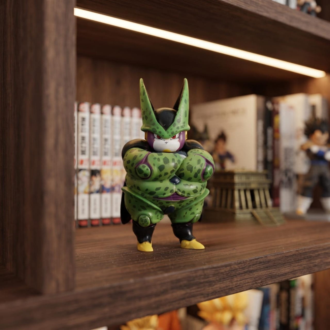 Figurine Dragon Ball Cell forme parfaite en version ronde, exposée sur une étagère (décor non inclus)