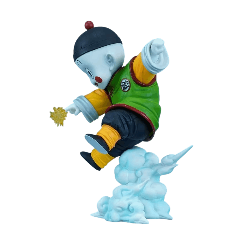 Figurine Chaozu vue de face en plongée, veste verte à médaillon et volutes du socle nuage bleu pâle