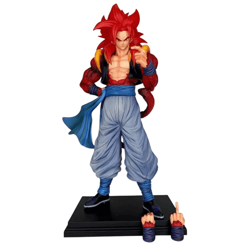 Figurine Gogeta Super Saiyan 4 (Dragon Ball), 34 cm, fourrure rouge texturée mèche par mèche, pas à plat — détourée, vue sans décor.