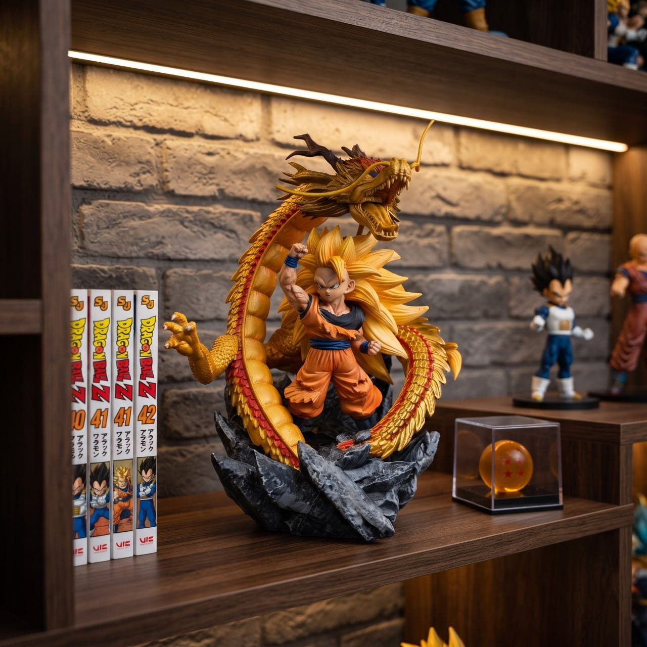 Figurine Goku Super Saiyan 3 dragon dore Dragon Ball - exposee sur une etagere (decor non inclus)