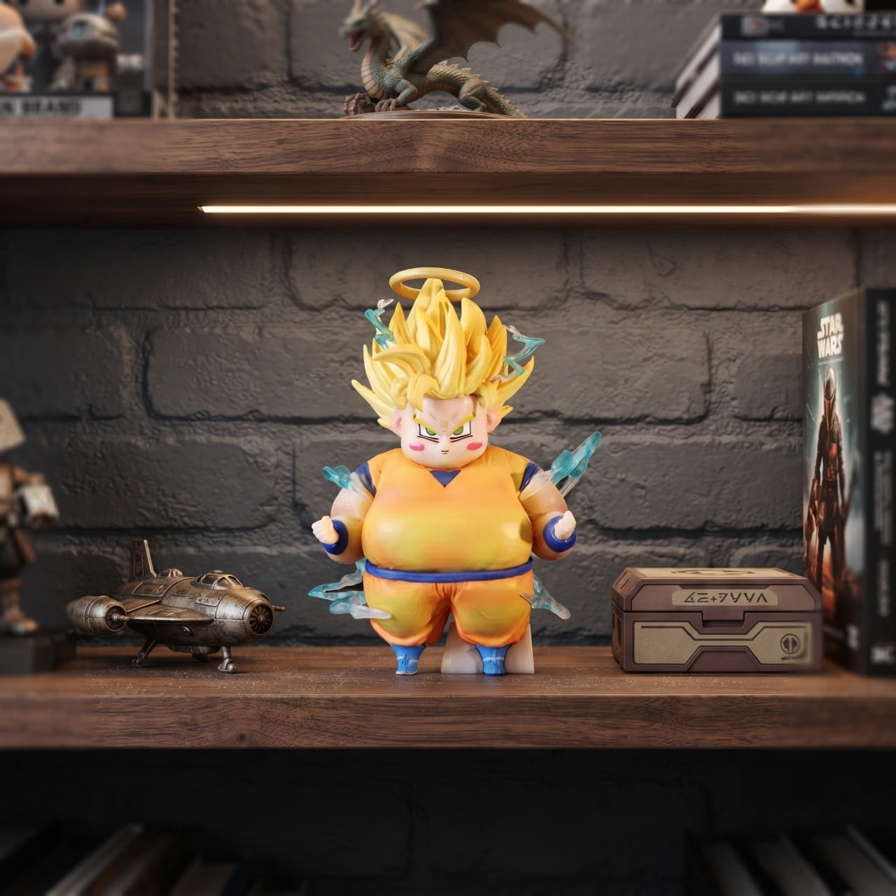 Figurine Dragon Ball Goku Super Saiyan 2 avec son auréole en version ronde, exposée sur une étagère (décor non inclus)