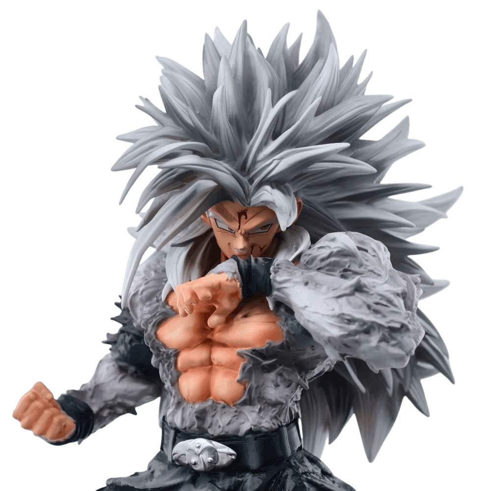 Gros plan sur le buste de la figurine Goku Super Saiyan 5, fourrure grise des épaules et poings serrés