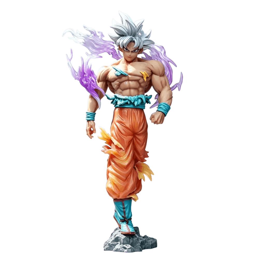 Figurine Son Goku (Dragon Ball), 16,5 cm, volutes violettes translucides moulées, pas peintes — détourée, vue sans décor.