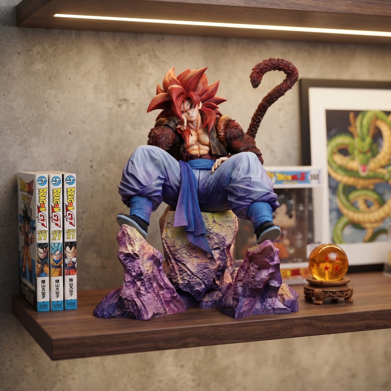Figurine Gogeta SSJ4 exposee sur une etagere (decor non inclus)