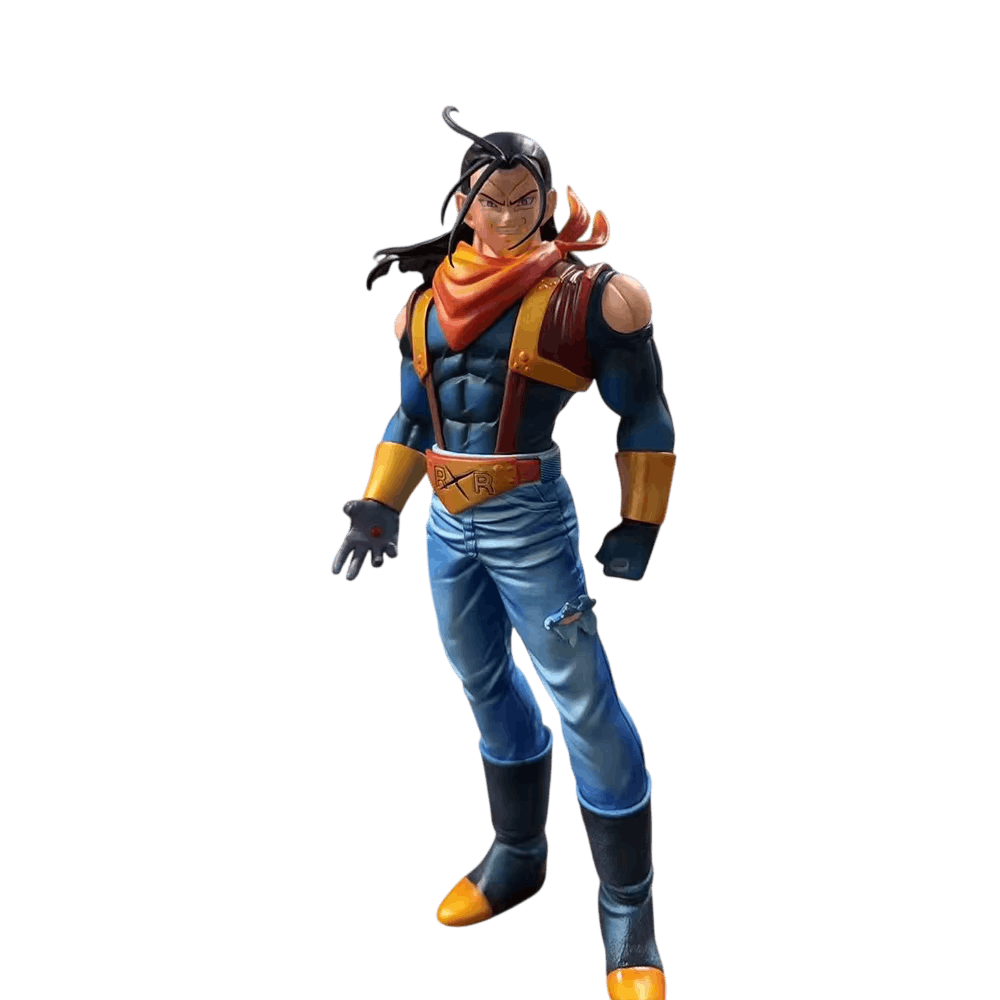 Figurine Super C-17 détourée sur fond noir, vue de face en pied, écharpe orange et jean déchiré
