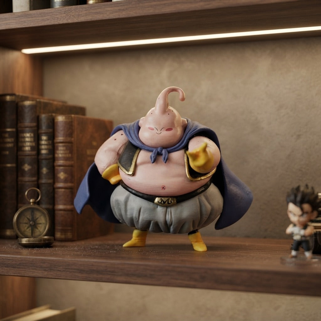 Figurine Dragon Ball Majin Buu en version ronde, exposée sur une étagère (décor non inclus)