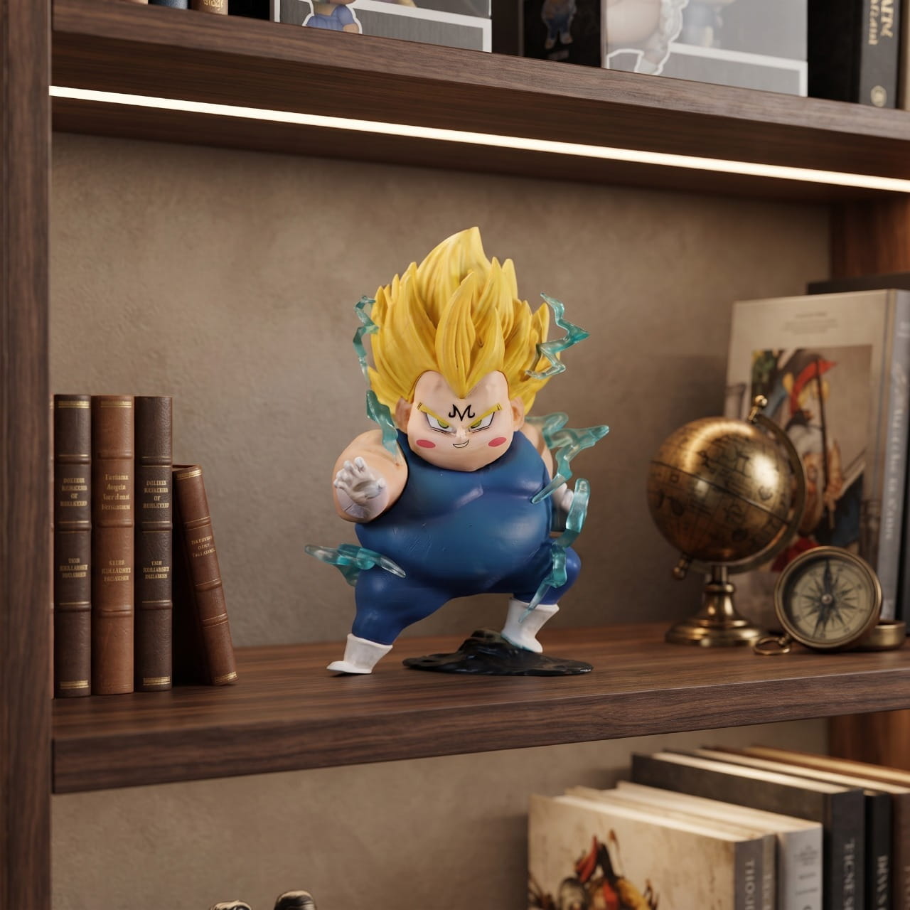 Figurine Dragon Ball Majin Vegeta et le M sur son front, en version ronde, exposée sur une étagère (décor non inclus)
