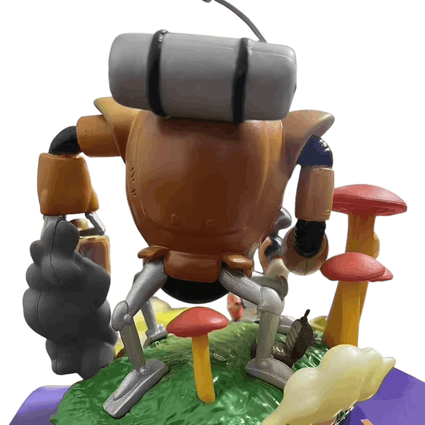 Diorama du robot de Shu vu de dos, pattes articulées et réservoir gris