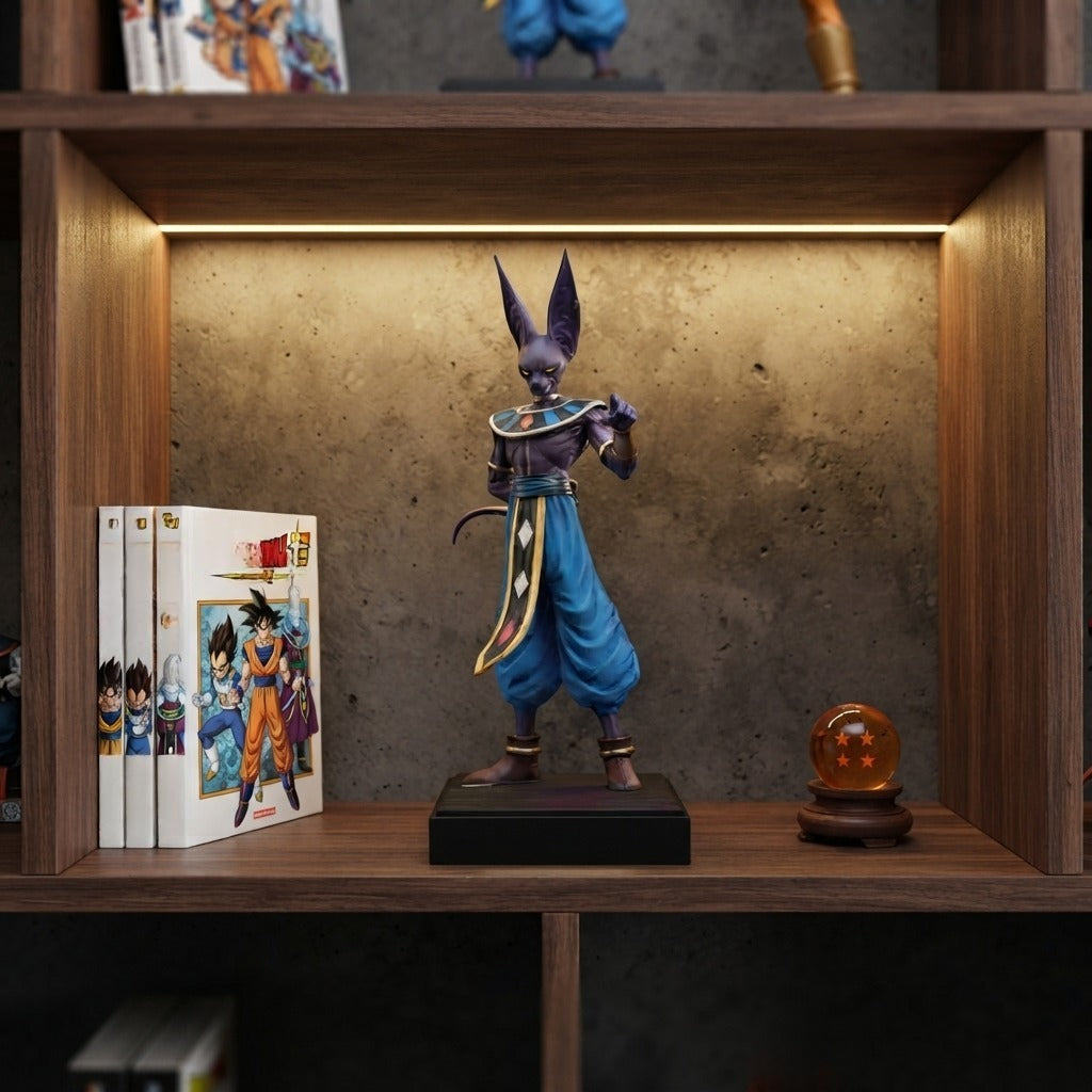 Figurine Beerus Dragon Ball Super exposée sur une étagère (décor non inclus)