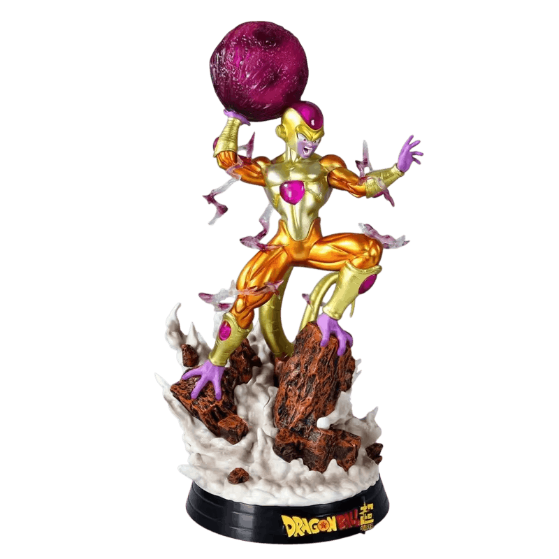 Figurine Frieza doré vue de trois quarts, queue dorée enroulée et socle rocheux à piètement noir