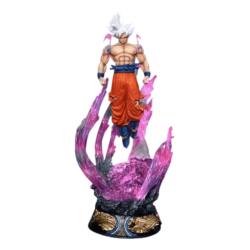 Figurine Goku Ultra Instinct détourée sur fond noir, cheveux argentés et flammes d'aura violette montant autour du corps