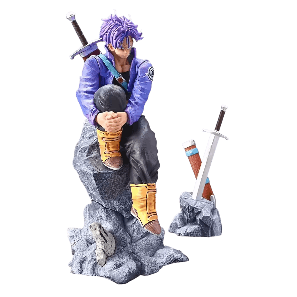 Figurine Trunks du futur (Dragon Ball), 26 cm, épée plantée qui sert d'axe à la composition — détourée, vue sans décor.