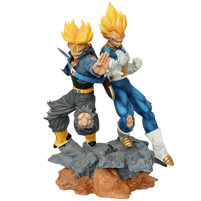 Dragon Ball Vegeta and Trunks figure 32 cm from the front: blue bodysuit with a white chest plate for Vegeta, blue-grey jacket with a red and white badge on the strap for Trunks