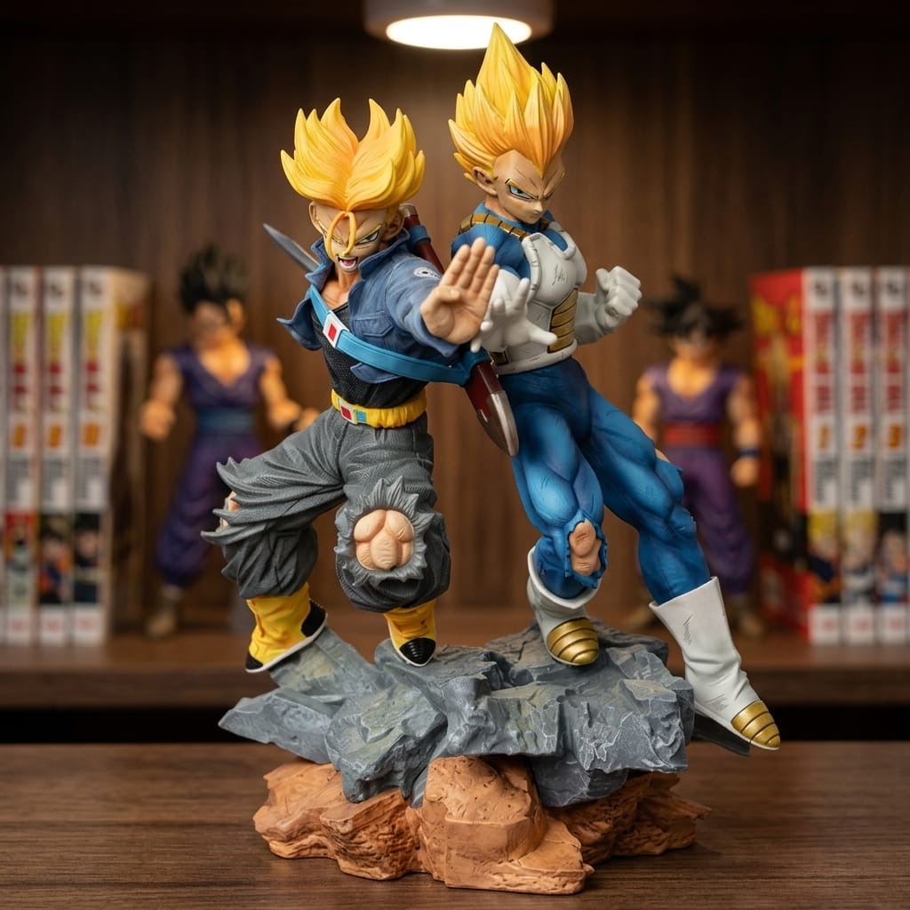 Dragon Ball Vegeta and Trunks figure 32 cm in Super Saiyan form, palms held out in front, on a base of grey slabs and ochre rocks, on a shelf (decor not included)