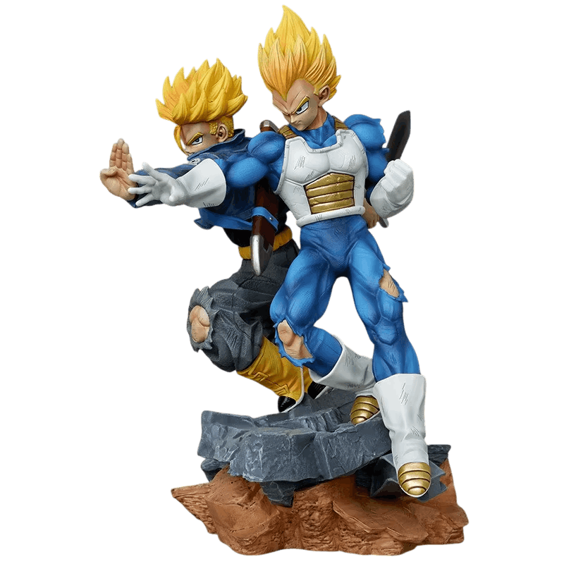 Dragon Ball Vegeta and Trunks figure 32 cm three-quarter view: Trunks's sword scabbard on his back and Vegeta's white boots with gold edging