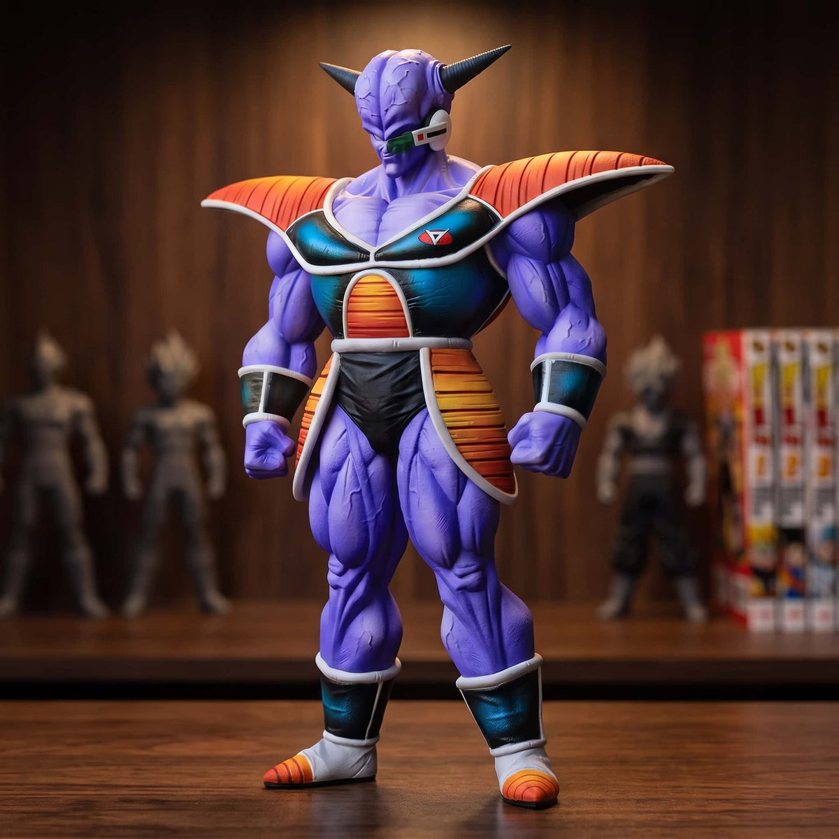 Figurine du Capitaine Ginyu, 26 cm, peau violette, cornes noires, armure à épaulières ambrées et jambières bleu nuit, posée sur une étagère en bois sombre