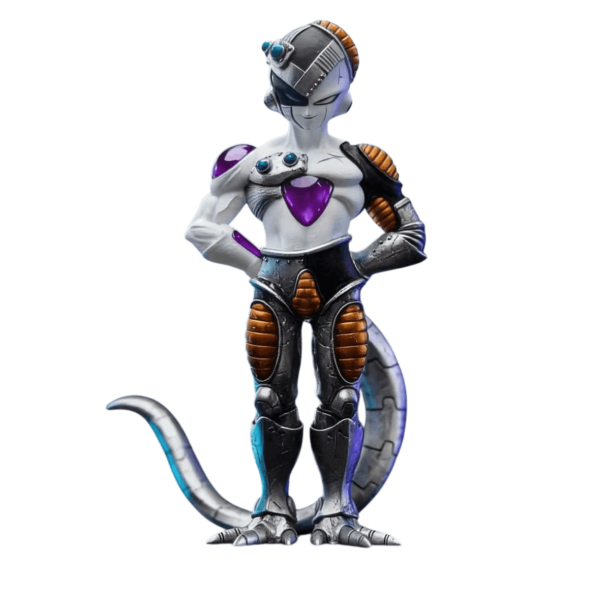 Figurine Frieza mécanique détourée sur fond noir, vue de face, mains sur les hanches et socle noir circulaire