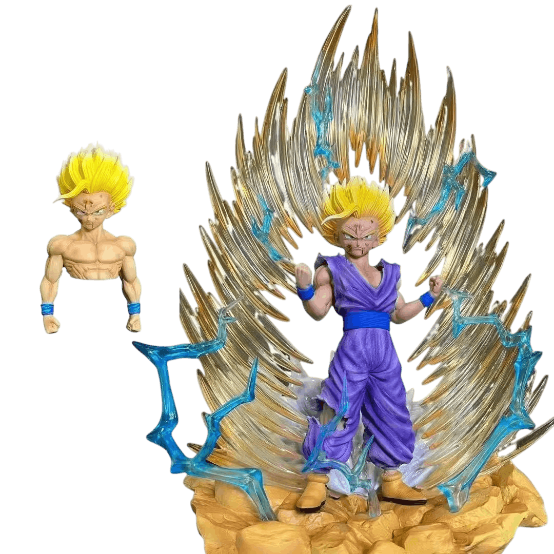 Figurine Gohan Super Saiyan 2 détourée sur fond noir avec son buste de rechange au torse nu et blessé posé à côté