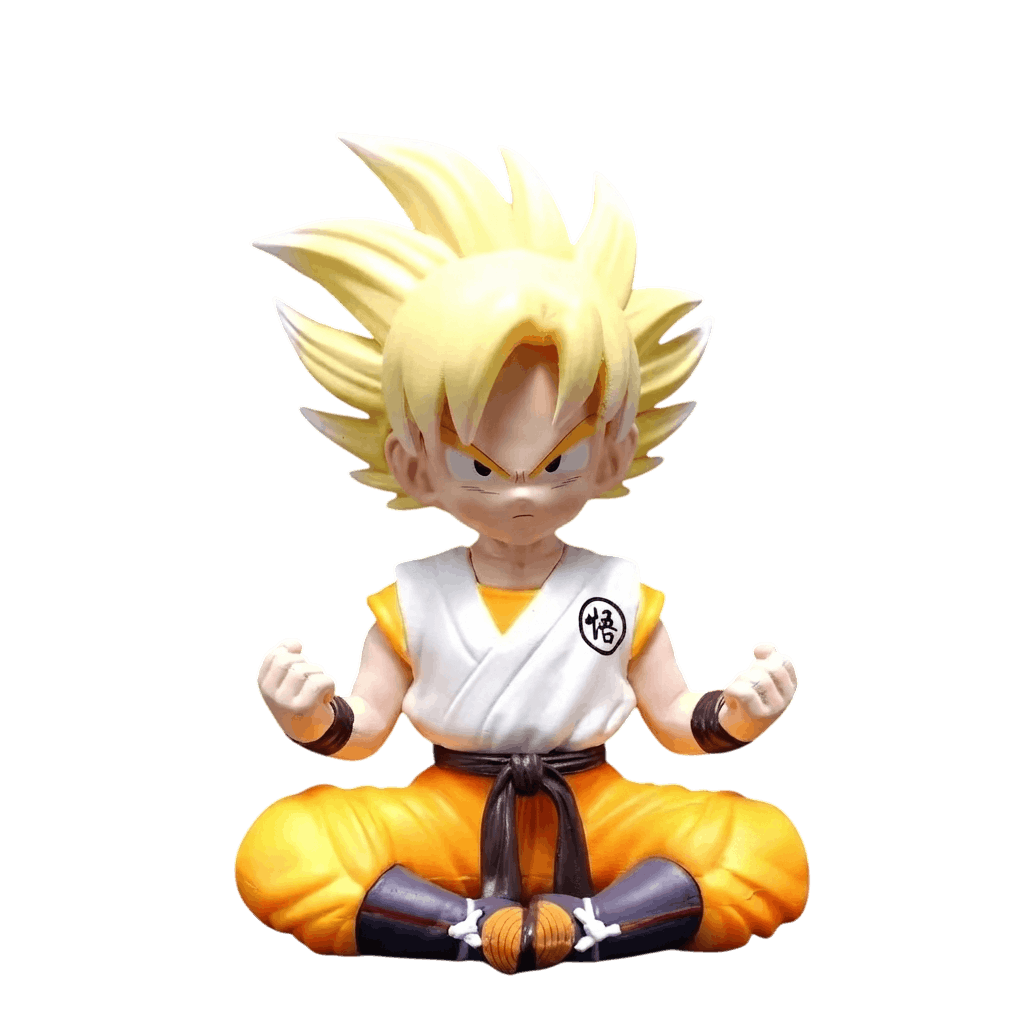 Figurine Dragon Ball Z Goku Super Saiyan chibi 11 cm vue de face, assis poings serrés