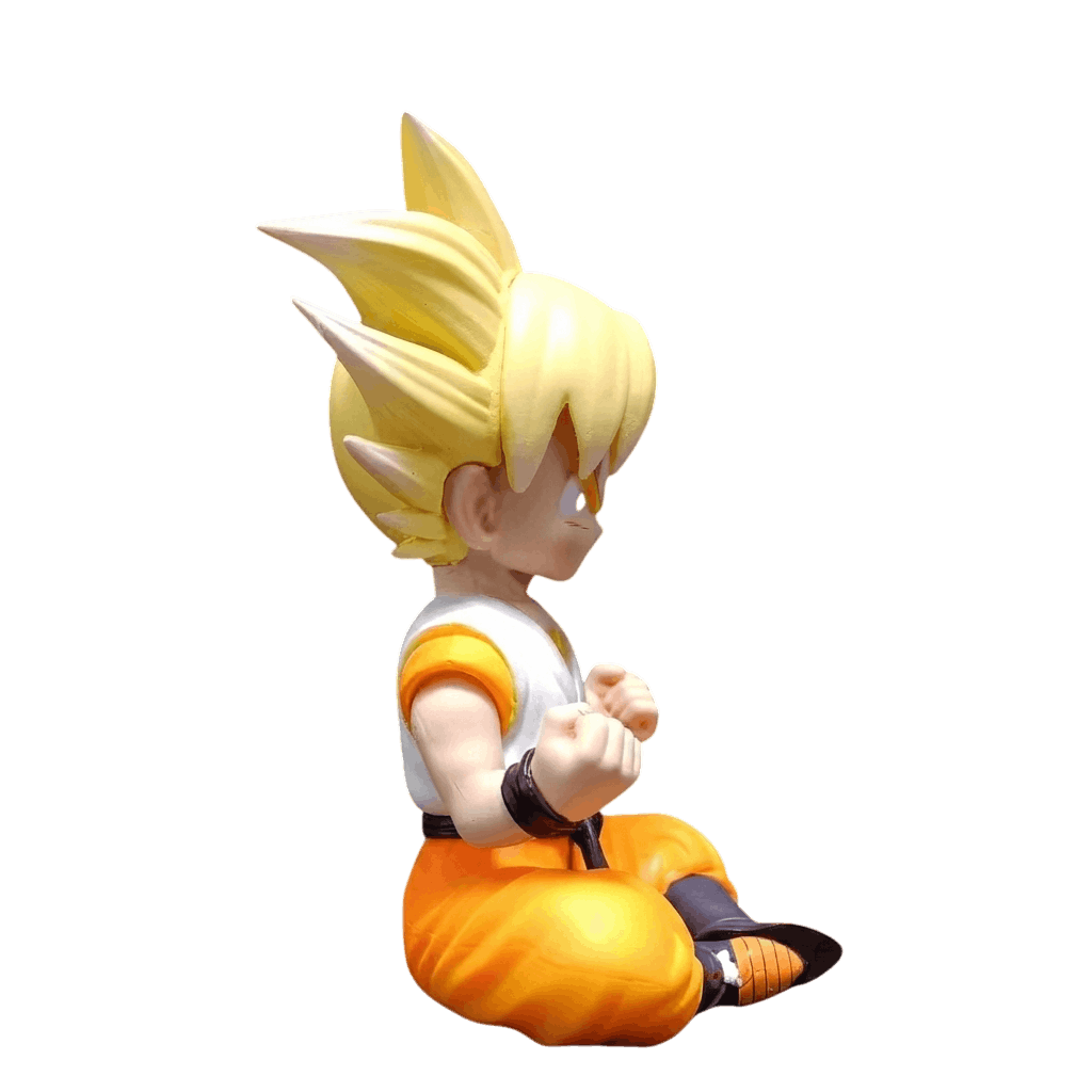 Figurine Goku Super Saiyan chibi 11 cm vue de profil, crinière dorée