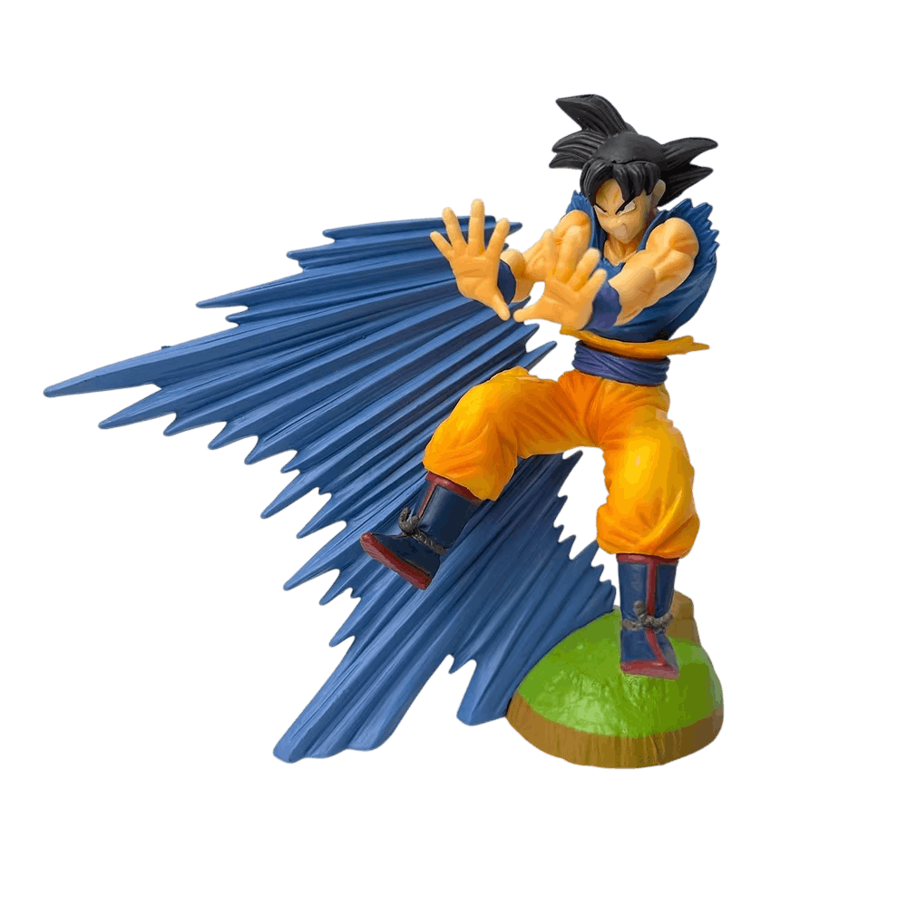Figurine Goku Dragon Ball Z de face : cheveux noirs, mains ouvertes projetées en avant, pantalon orange, vague d'énergie bleue