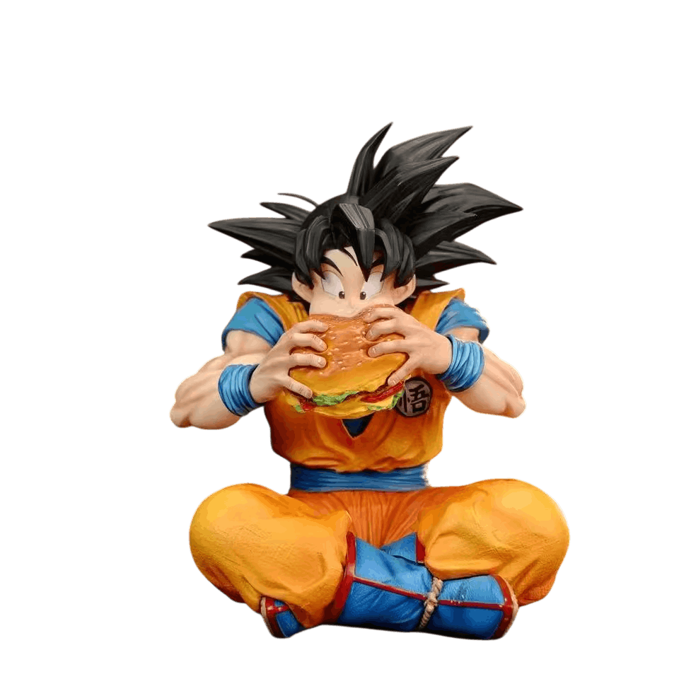 Figurine de Goku assis en tailleur mordant dans un burger, 15 cm, détourée sur fond noir