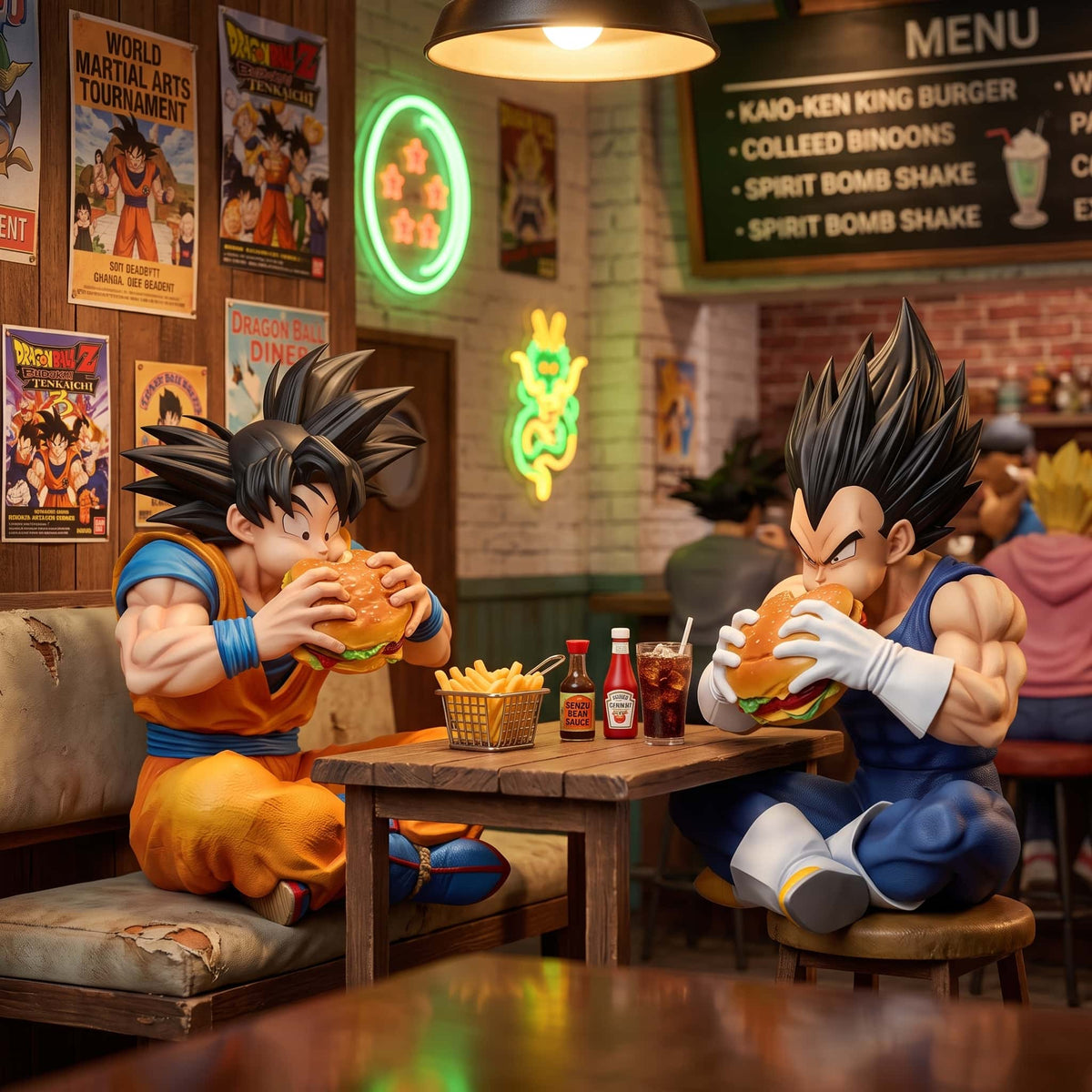 Mise en scène d'un restaurant miniature Dragon Ball : les figurines de Goku et Vegeta assises en tailleur, mordant chacune dans un burger, sous une suspension et des néons