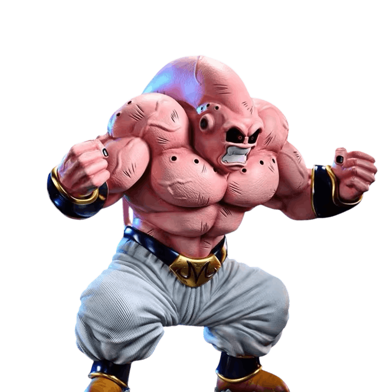 Figurine Majin Buu forme musculeuse détourée sur fond noir, vue de face, épaules doublées et pantalon blanc