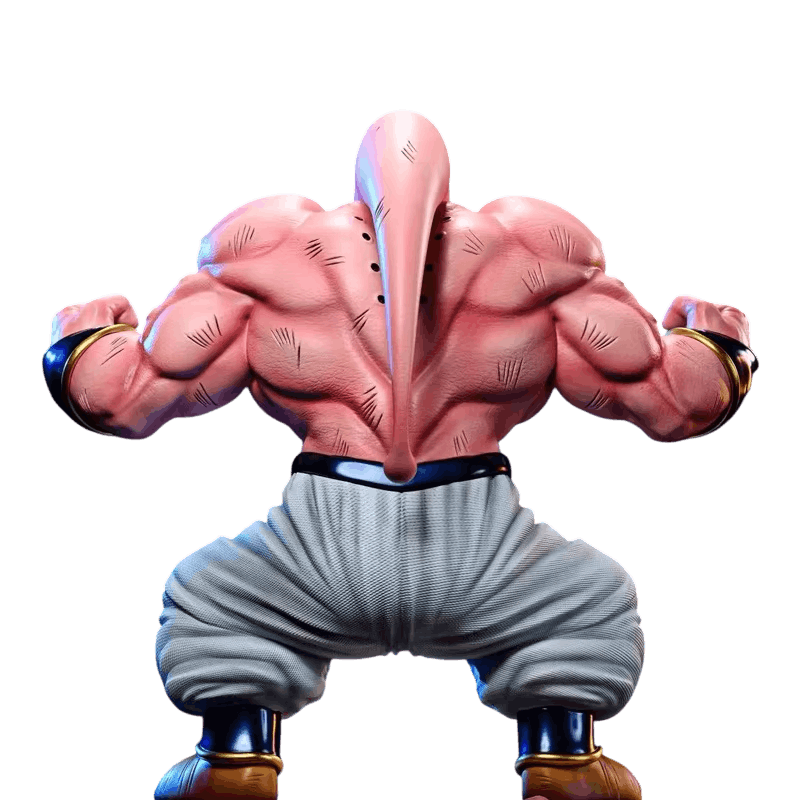 Figurine Majin Buu forme musculeuse vue de dos, dos strié de muscles et antenne rose en arc