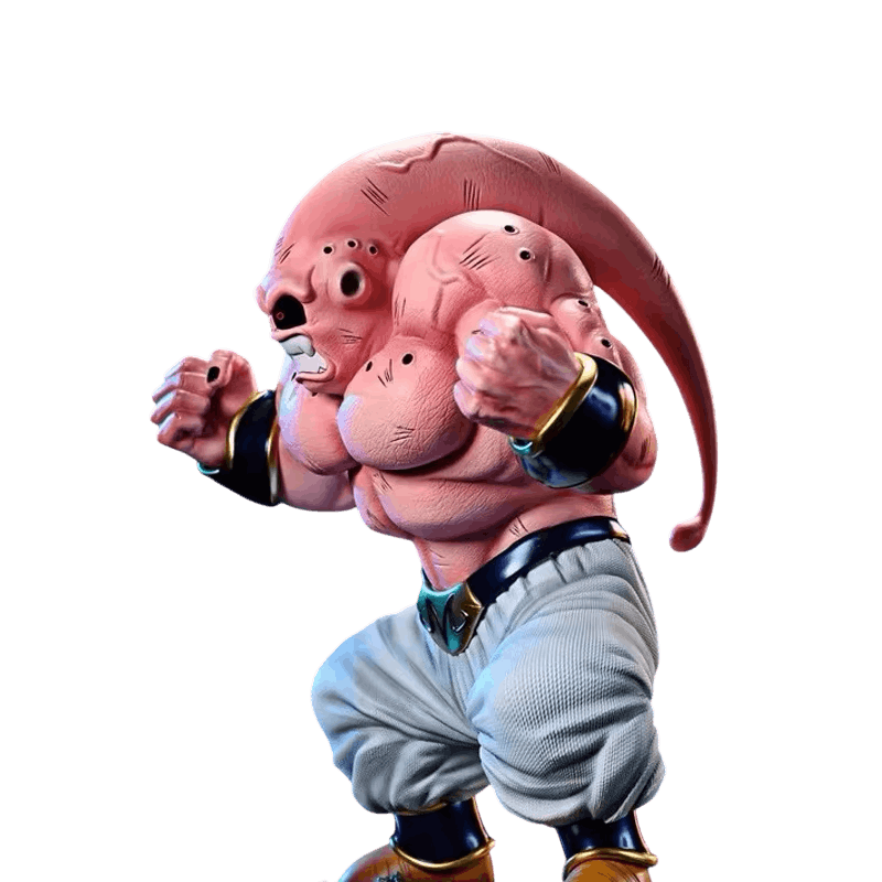 Figurine Majin Buu forme musculeuse vue de profil, longue antenne rose retombant jusqu'au bas du dos
