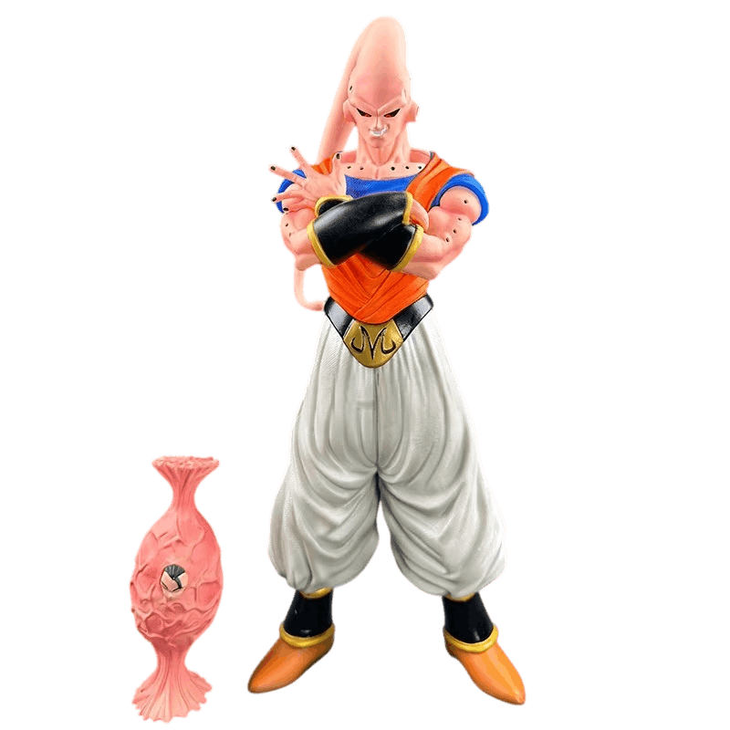 Figurine Majin Buu Gohan absorbé détourée sur fond noir, vue de face, avec le cocon d'absorption rose posé au sol