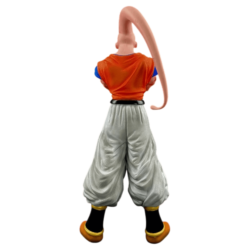 Figurine Majin Buu Gohan absorbé vue de dos, longue antenne rose retombant sur le gilet orange