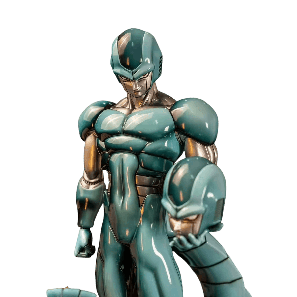 Gros plan sur le buste de Metal Cooler, visage chromé dégagé sous la coiffe, épaules chromées et tête de rechange tenue à hauteur de hanche