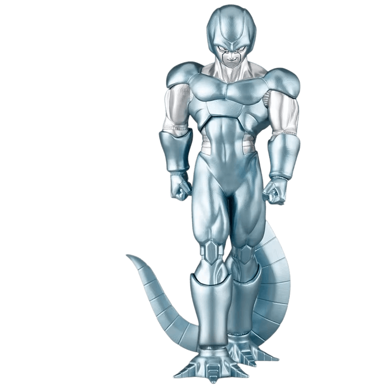 Figurine Metal Cooler Dragon Ball Z de face : corps argent bleuté, plaques d'armure, poings serrés, queue enroulée au sol