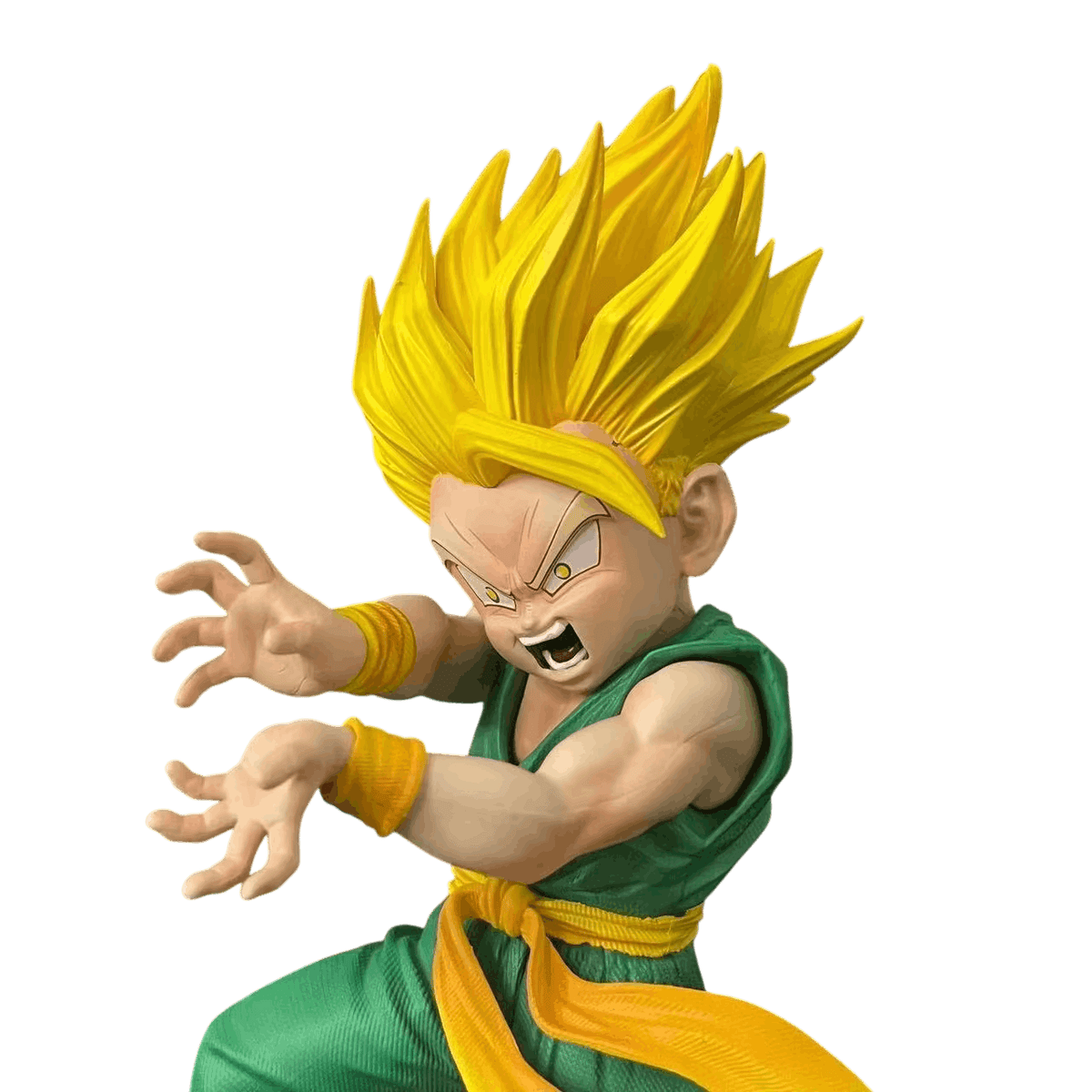 Gros plan sur le visage de Trunks enfant Super Saiyan, joues rondes, sourcils froncés et cheveux jaunes sculptés en pointes