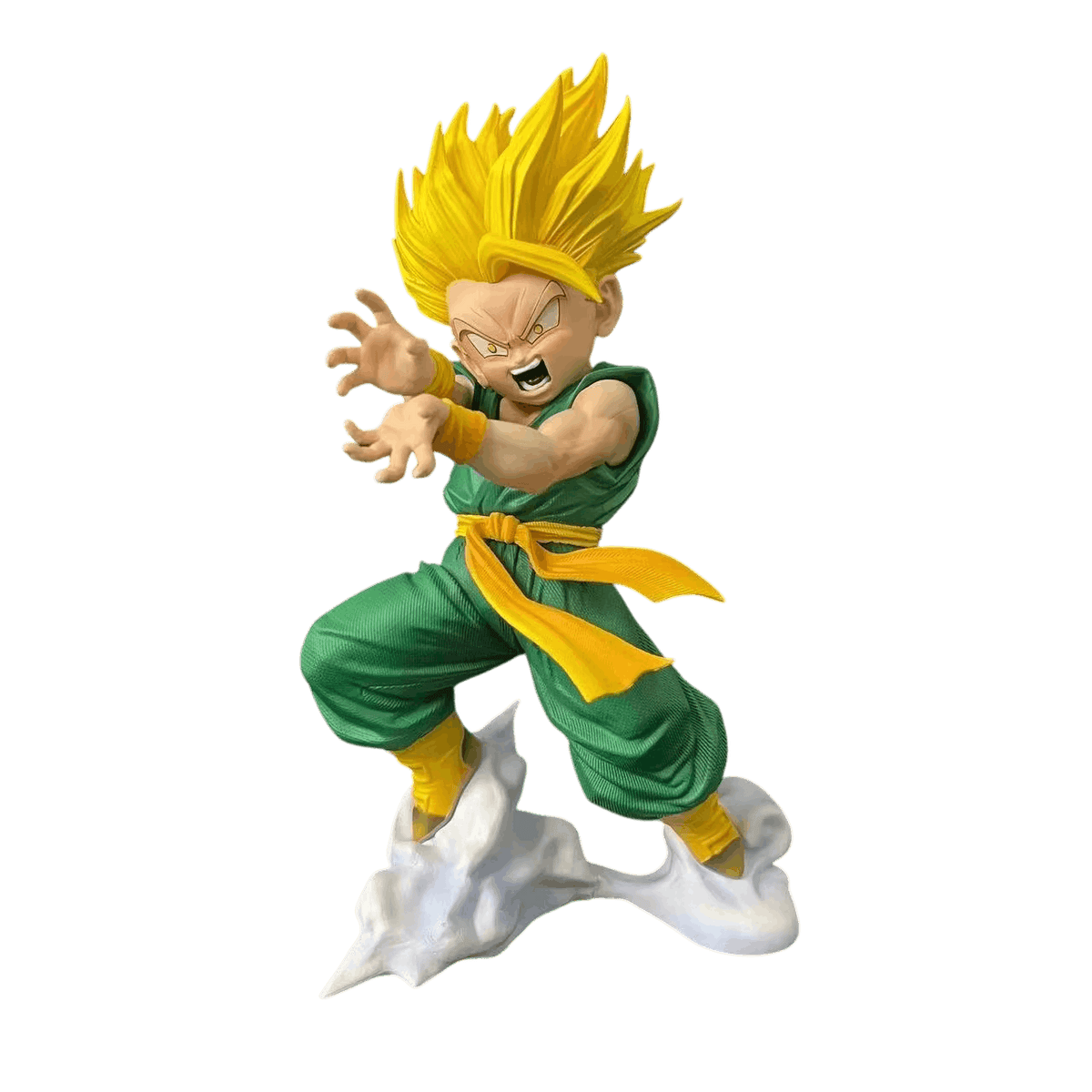 Figurine Trunks enfant Super Saiyan détourée sur fond noir, cheveux dorés dressés et mains ouvertes
