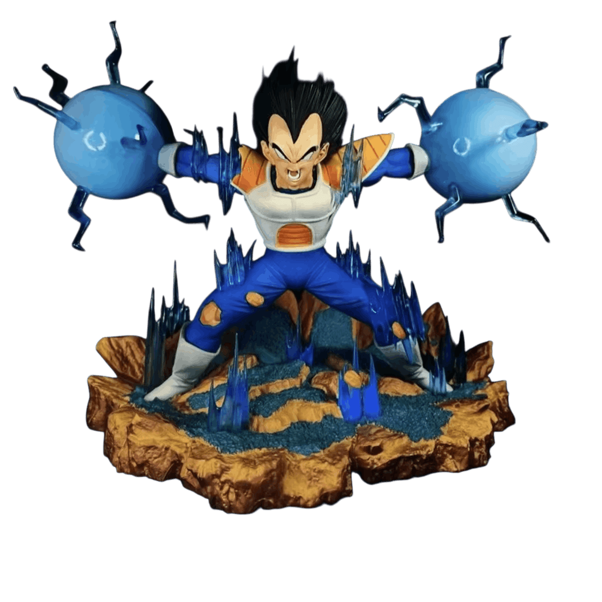 Figurine Vegeta double sphère d'énergie détourée sur fond noir, vue de face, plastron blanc et combinaison bleue