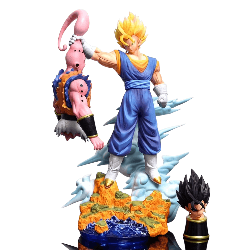 Diorama Dragon Ball Z Vegetto Super Saiyan tenant Super Buu par l'antenne, tête alternative noire