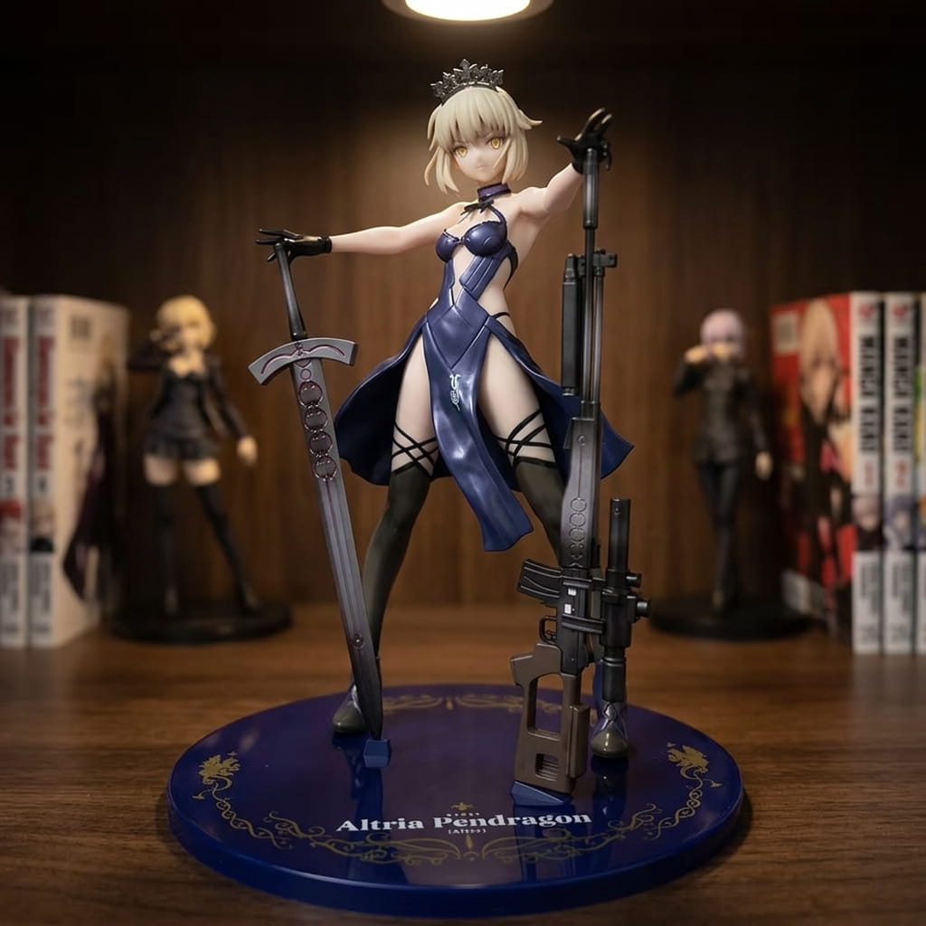 Fate Altria Alter figure 25 cm in a navy dress, one hand on a planted sword and the other on an upright rifle, round blue base with gold scrollwork, on a shelf (decor not included)