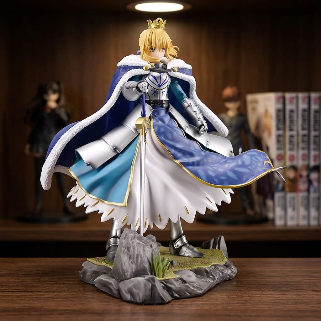 Fate Artoria Pendragon figure 27 cm, sword planted point down and navy cloak edged with white fur, on a rocky base, on a shelf (decor not included)